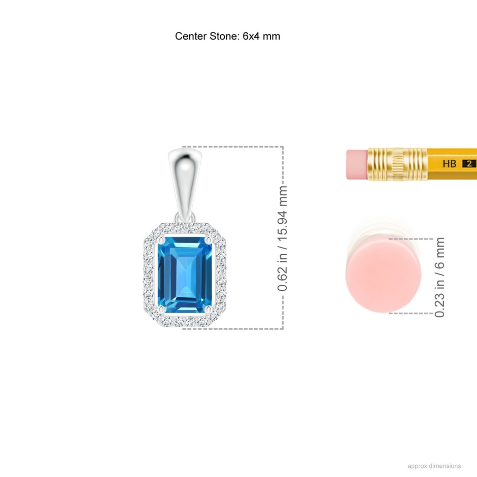 6x4mm AAAA Floating Emerald-Cut Swiss Blue Topaz Halo Pendant in White Gold ruler