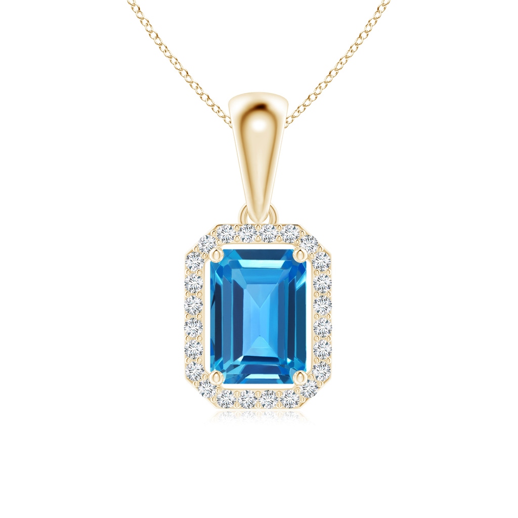 6x4mm AAAA Floating Emerald-Cut Swiss Blue Topaz Halo Pendant in Yellow Gold