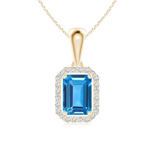 6x4mm AAAA Floating Emerald-Cut Swiss Blue Topaz Halo Pendant in Yellow Gold