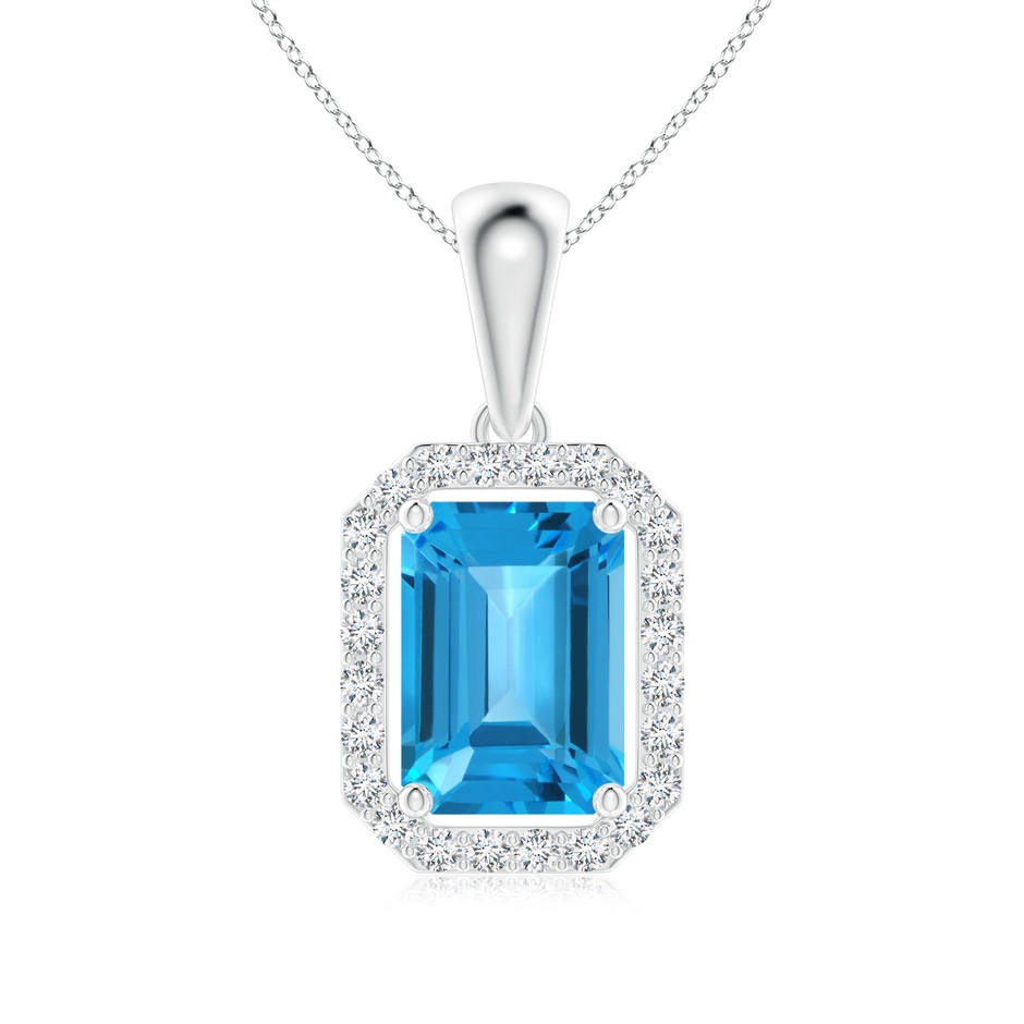 7x5mm AAA Floating Emerald-Cut Swiss Blue Topaz Halo Pendant in White Gold 