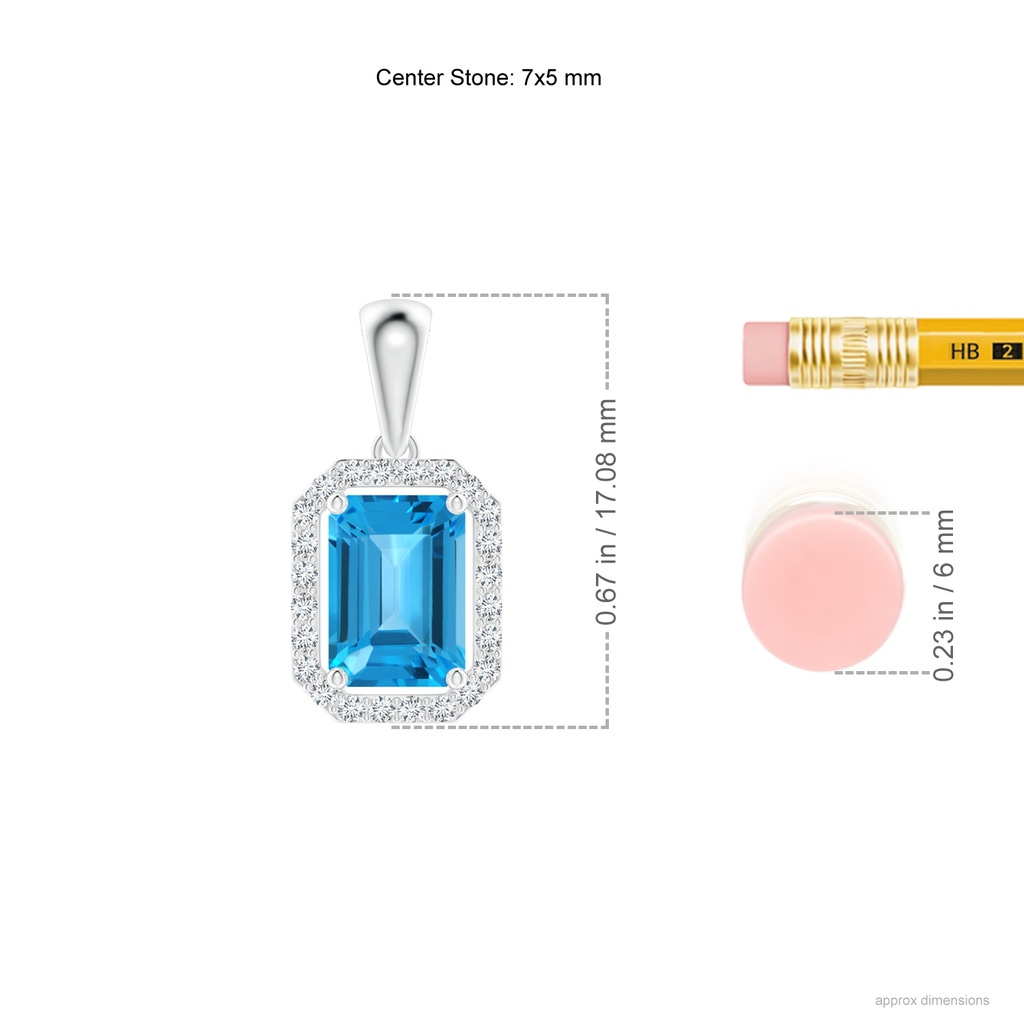 7x5mm AAA Floating Emerald-Cut Swiss Blue Topaz Halo Pendant in White Gold Ruler