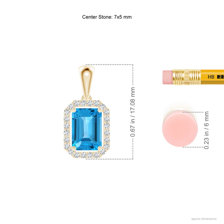 7x5mm AAA Floating Emerald-Cut Swiss Blue Topaz Halo Pendant in Yellow Gold ruler