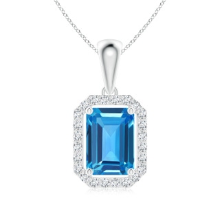 7x5mm AAAA Floating Emerald-Cut Swiss Blue Topaz Halo Pendant in P950 Platinum