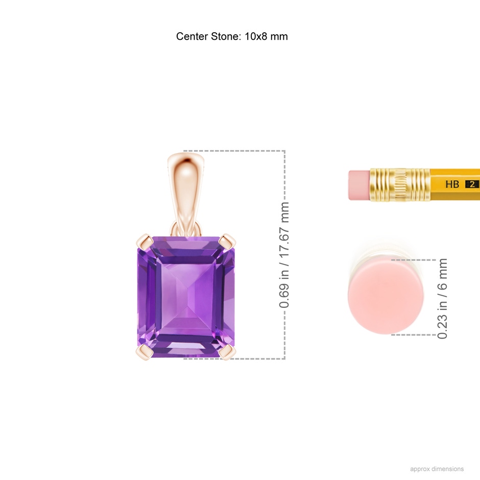 10x8mm AA Emerald-Cut Amethyst Solitaire Pendant in Rose Gold ruler