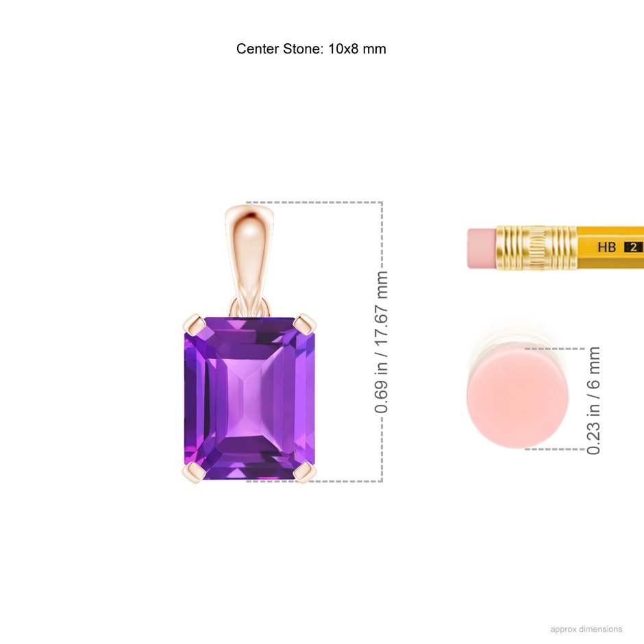 10x8mm AAA Emerald-Cut Amethyst Solitaire Pendant in Rose Gold ruler