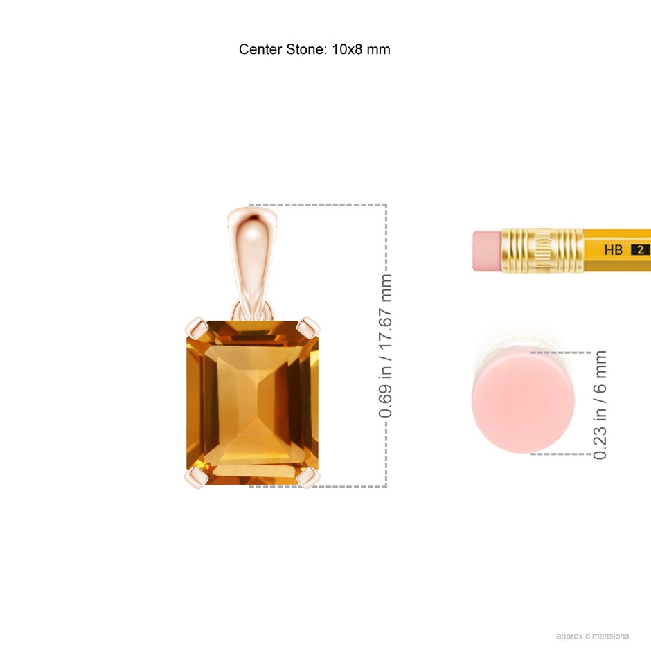 10x8mm AA Emerald-Cut Citrine Solitaire Pendant in Rose Gold ruler