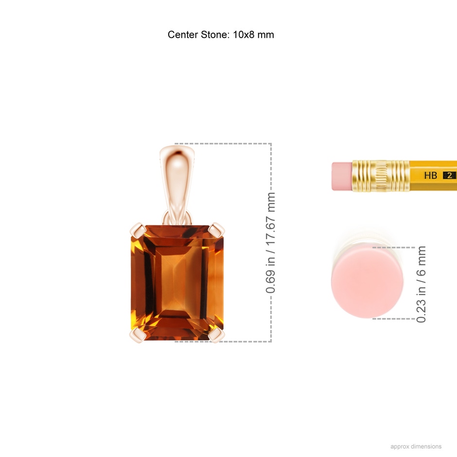 10x8mm AAAA Emerald-Cut Citrine Solitaire Pendant in Rose Gold ruler