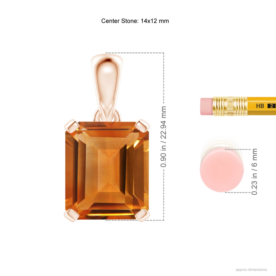 14x12mm AAA Emerald-Cut Citrine Solitaire Pendant in Rose Gold ruler
