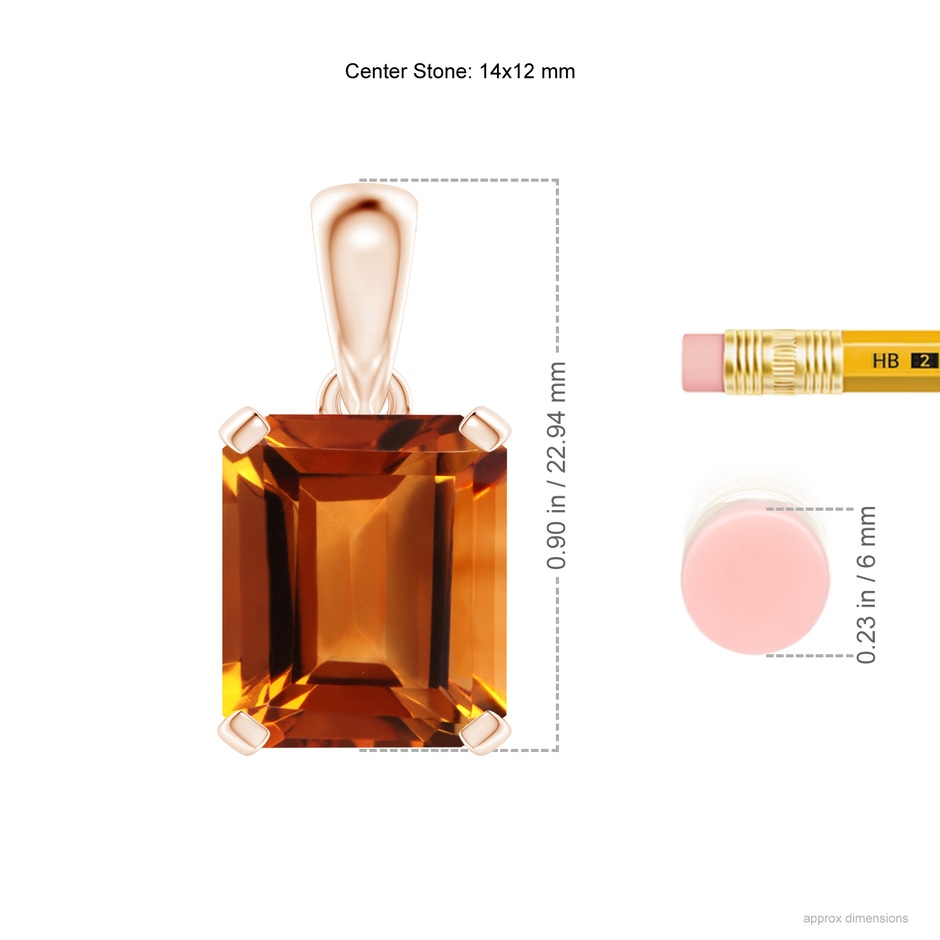 14x12mm AAAA Emerald-Cut Citrine Solitaire Pendant in Rose Gold ruler