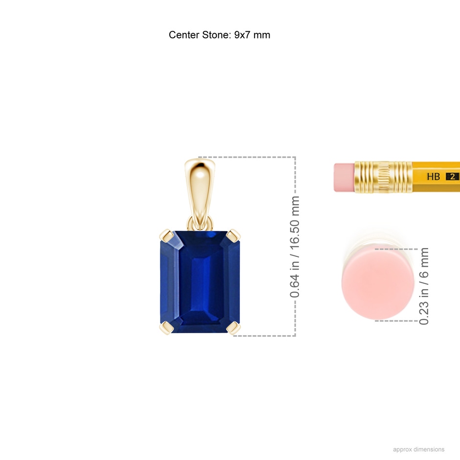 9x7mm Lab-Grown Emerald-Cut Blue Sapphire Solitaire Pendant in Yellow Gold ruler