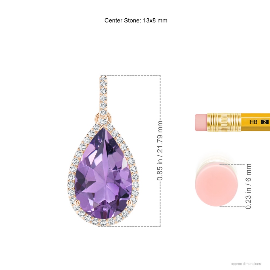 13x8mm A Pear-Shaped Amethyst Halo Pendant with Diamonds in Rose Gold ruler