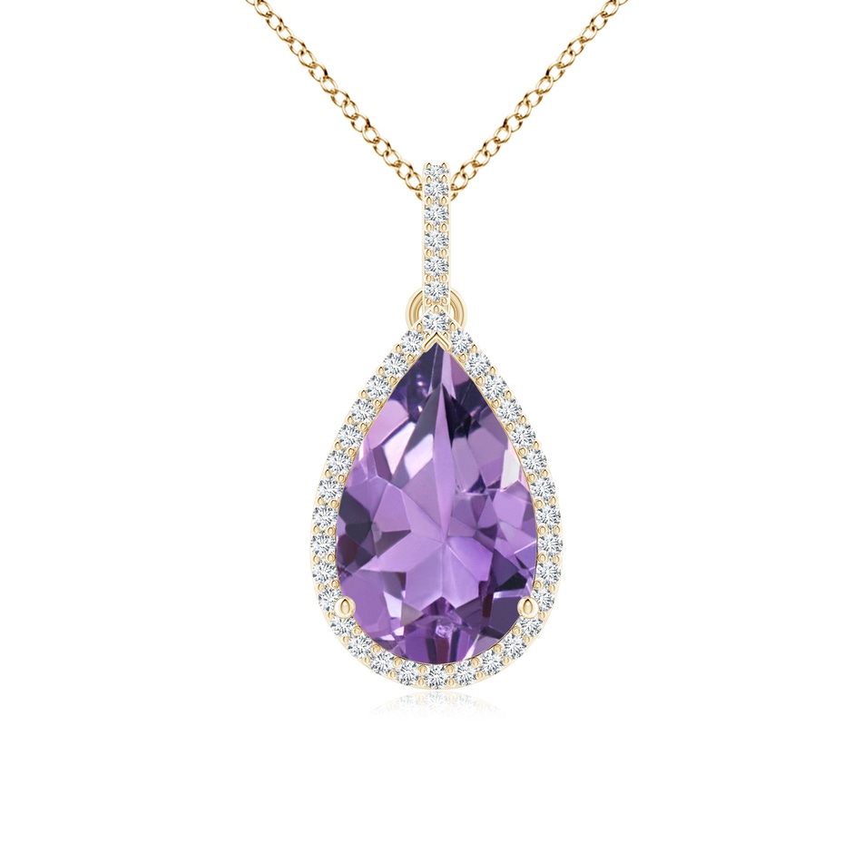 13x8mm A Pear-Shaped Amethyst Halo Pendant with Diamonds in Yellow Gold 