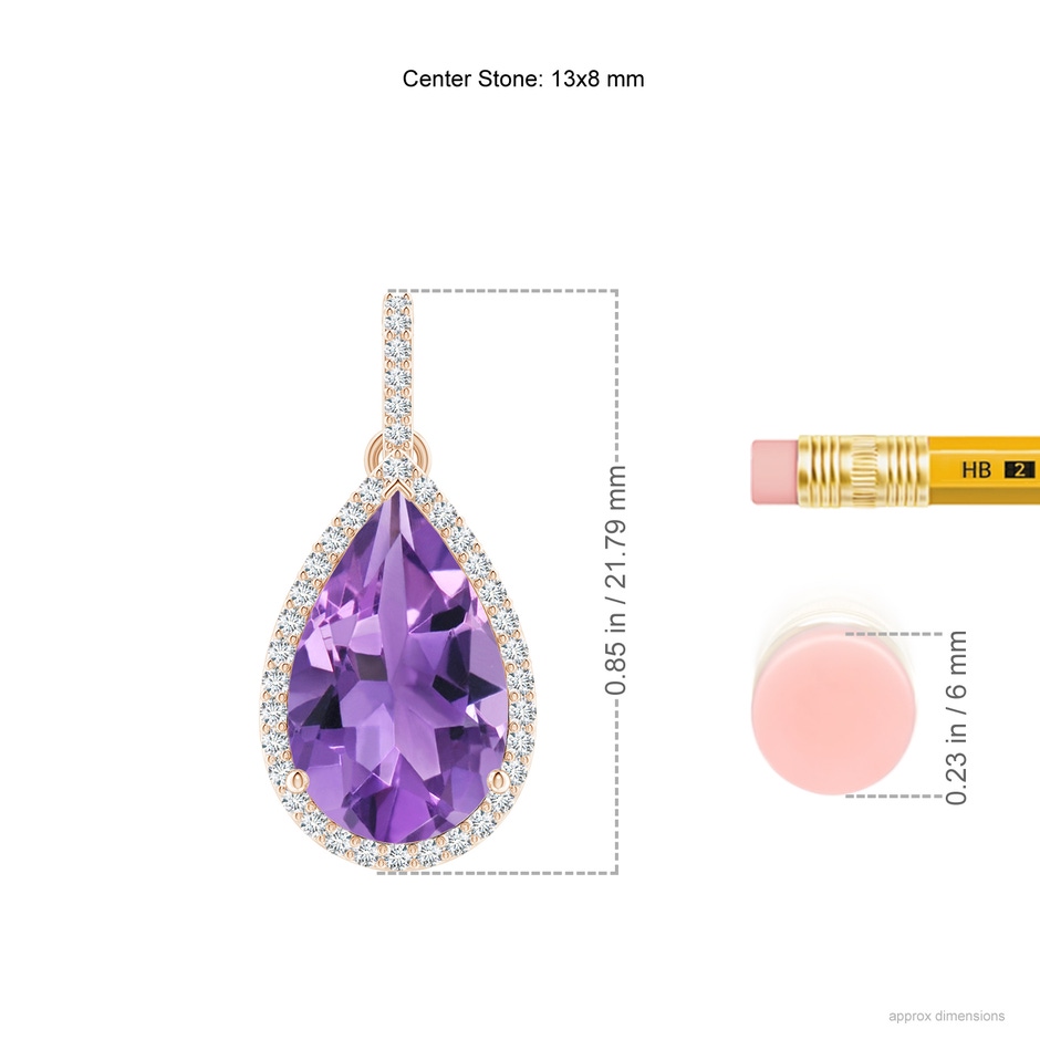 13x8mm AA Pear-Shaped Amethyst Halo Pendant with Diamonds in Rose Gold ruler