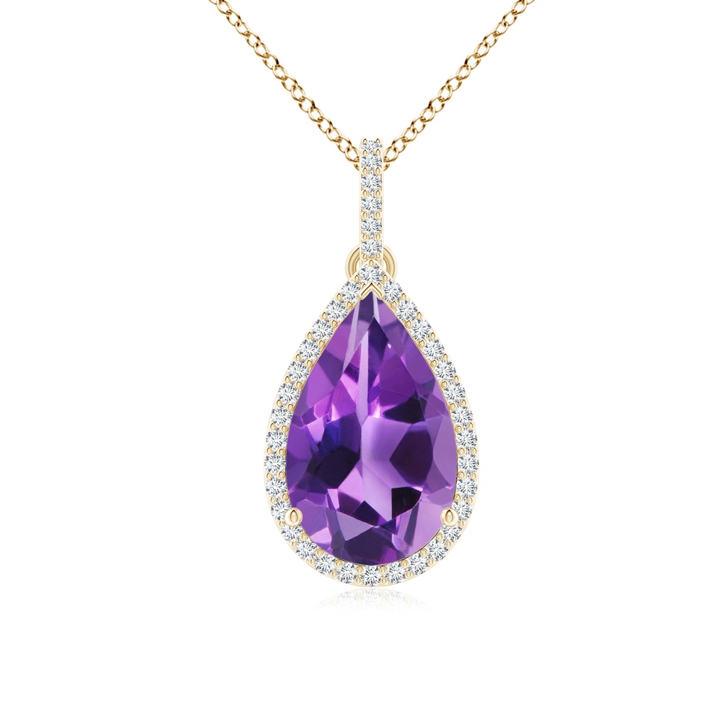 13x8mm AAA Pear-Shaped Amethyst Halo Pendant with Diamonds in Yellow Gold