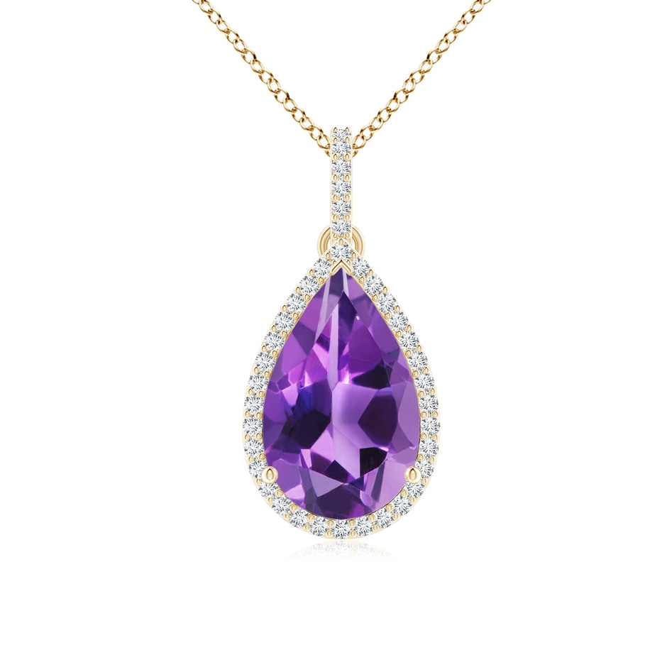 13x8mm AAA Pear-Shaped Amethyst Halo Pendant with Diamonds in Yellow Gold 