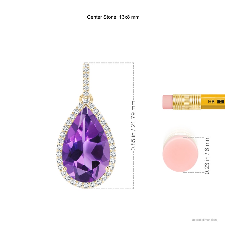 13x8mm AAA Pear-Shaped Amethyst Halo Pendant with Diamonds in Yellow Gold ruler