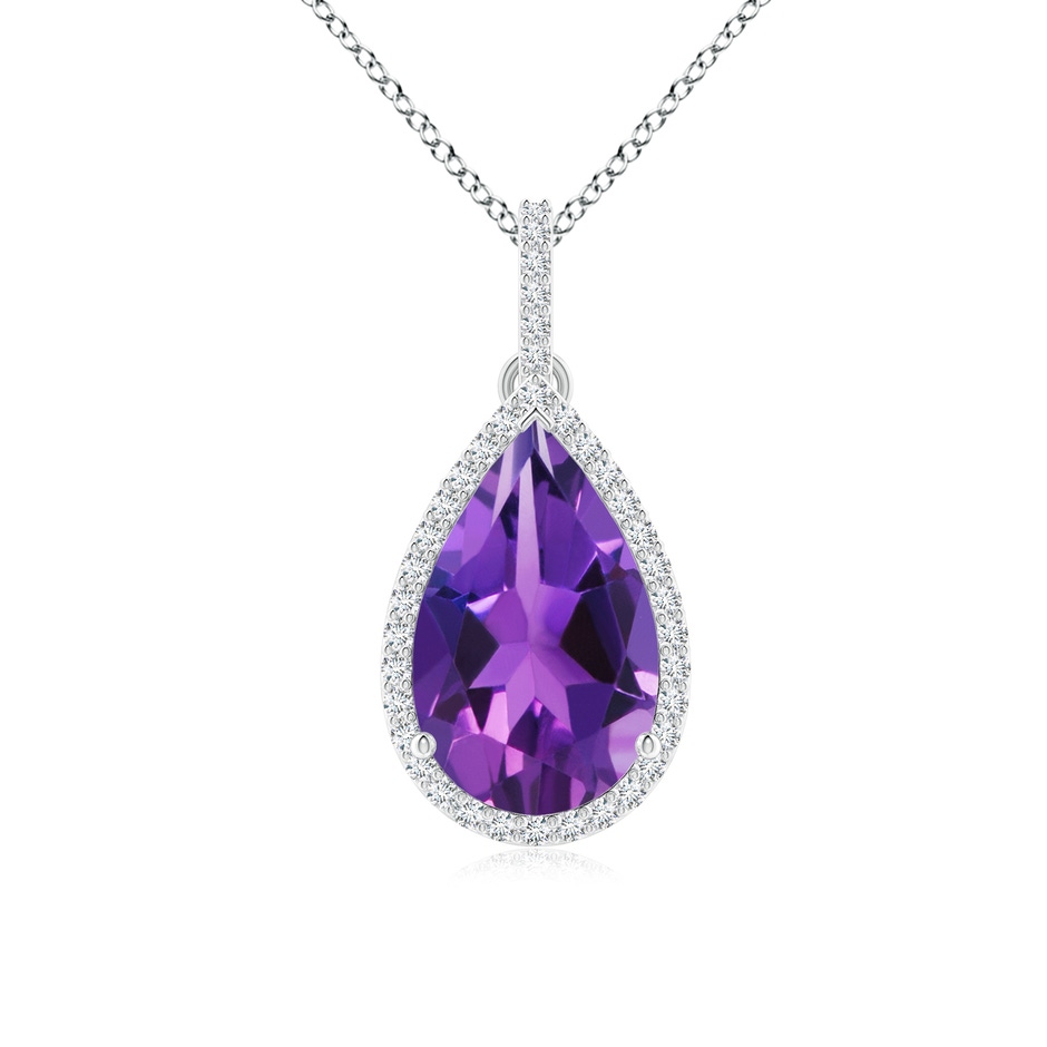 13x8mm AAAA Pear-Shaped Amethyst Halo Pendant with Diamonds in White Gold 