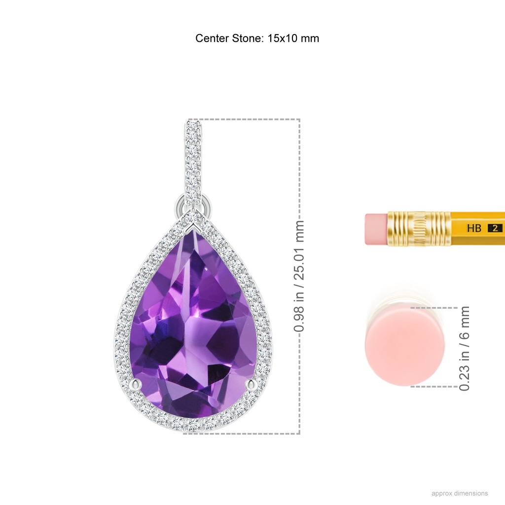 15x10mm AAA Pear-Shaped Amethyst Halo Pendant with Diamonds in White Gold ruler