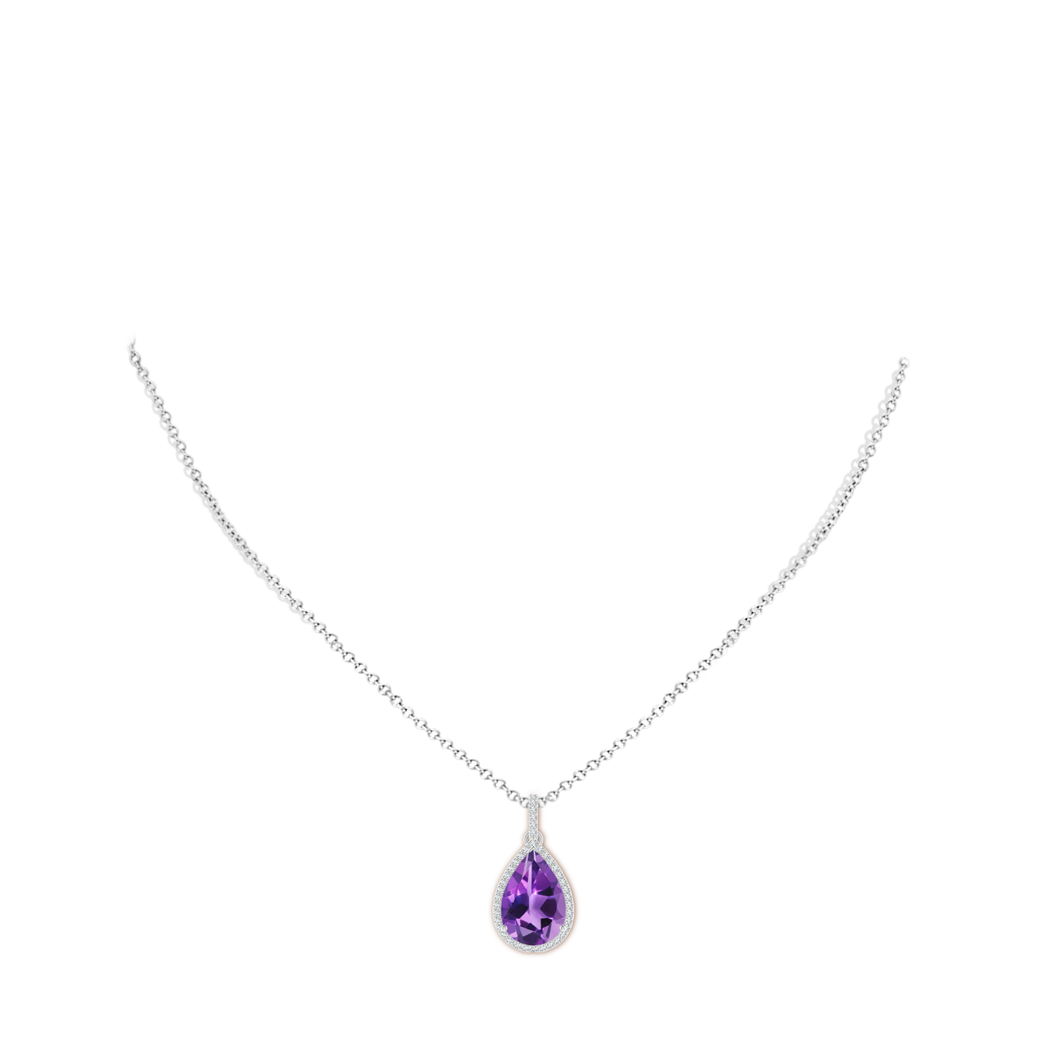 15x10mm AAA Pear-Shaped Amethyst Halo Pendant with Diamonds in White Gold - body_neck