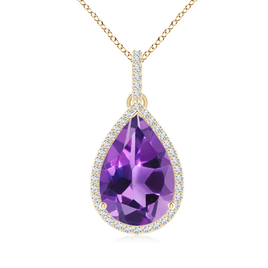 15x10mm AAA Pear-Shaped Amethyst Halo Pendant with Diamonds in Yellow Gold 