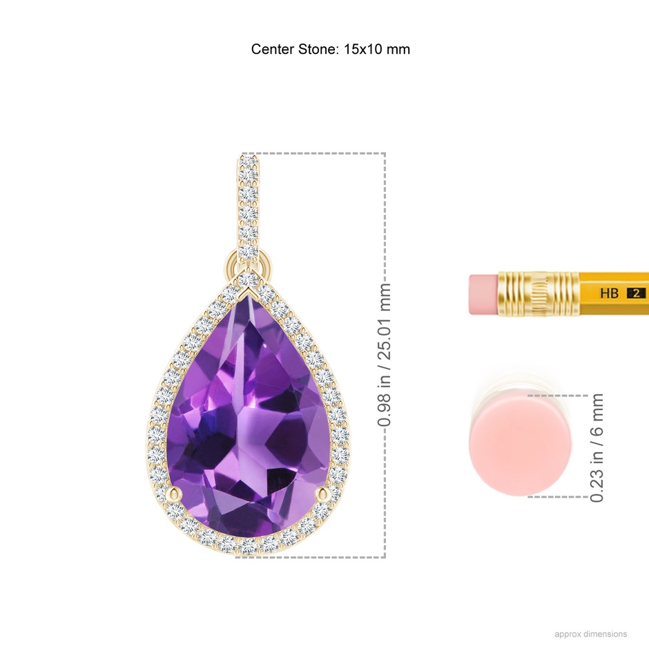 15x10mm AAA Pear-Shaped Amethyst Halo Pendant with Diamonds in Yellow Gold ruler