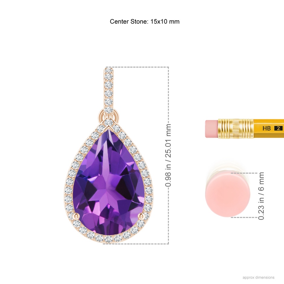 15x10mm AAAA Pear-Shaped Amethyst Halo Pendant with Diamonds in Rose Gold ruler