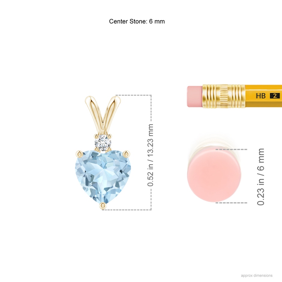 6mm AA Heart-Shaped Aquamarine V-Bale Pendant with Diamond in Yellow Gold ruler