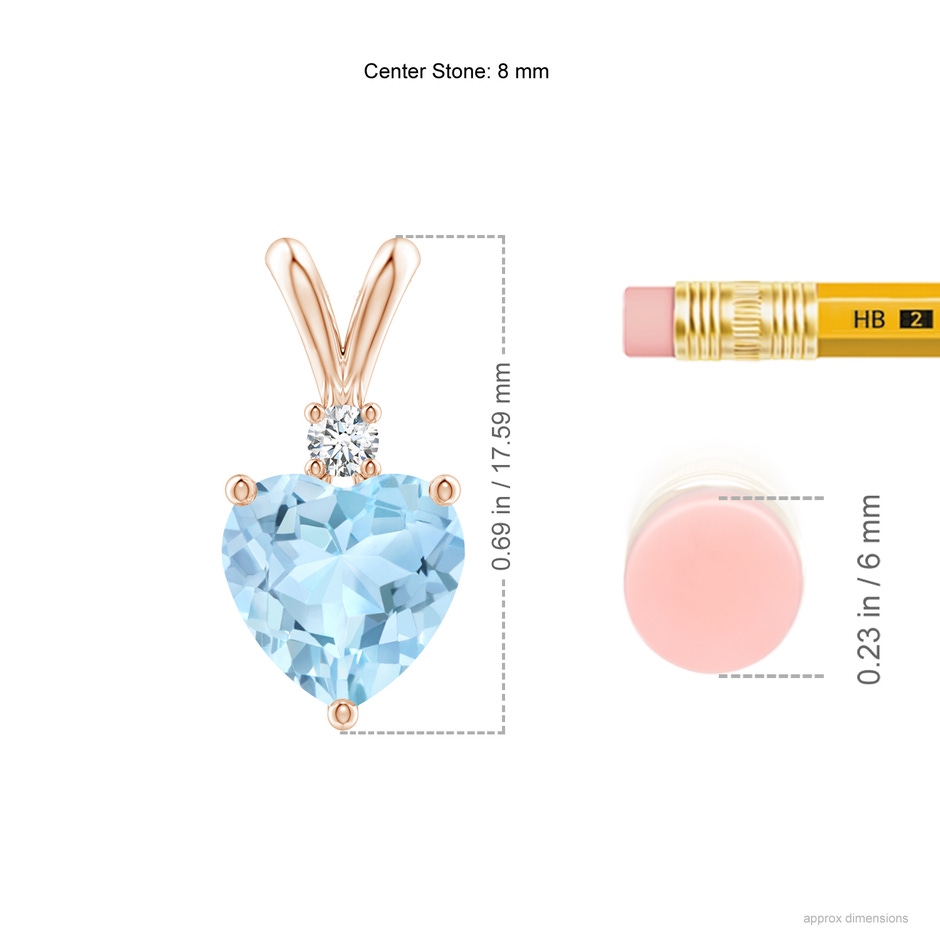 8mm AAA Heart-Shaped Aquamarine V-Bale Pendant with Diamond in Rose Gold ruler