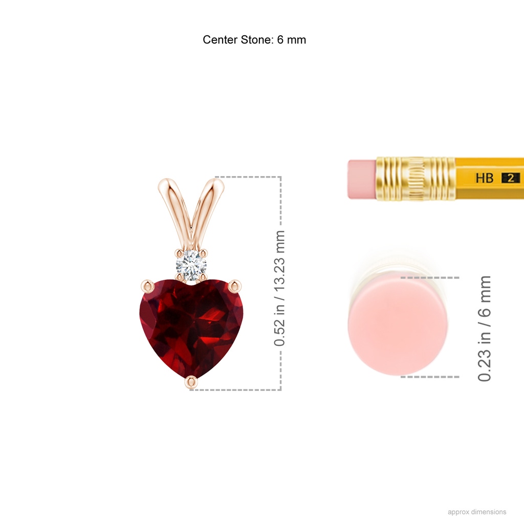 6mm AAAA Heart-Shaped Garnet V-Bale Pendant with Diamond in Rose Gold Ruler