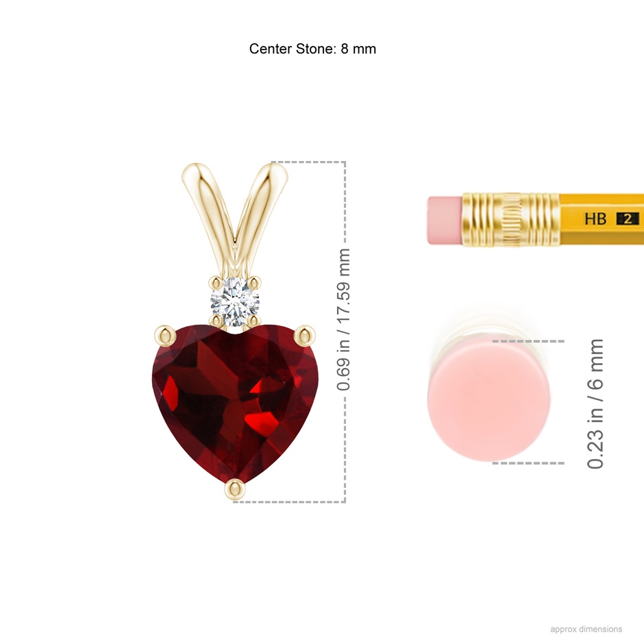 8mm AAA Heart-Shaped Garnet V-Bale Pendant with Diamond in Yellow Gold ruler