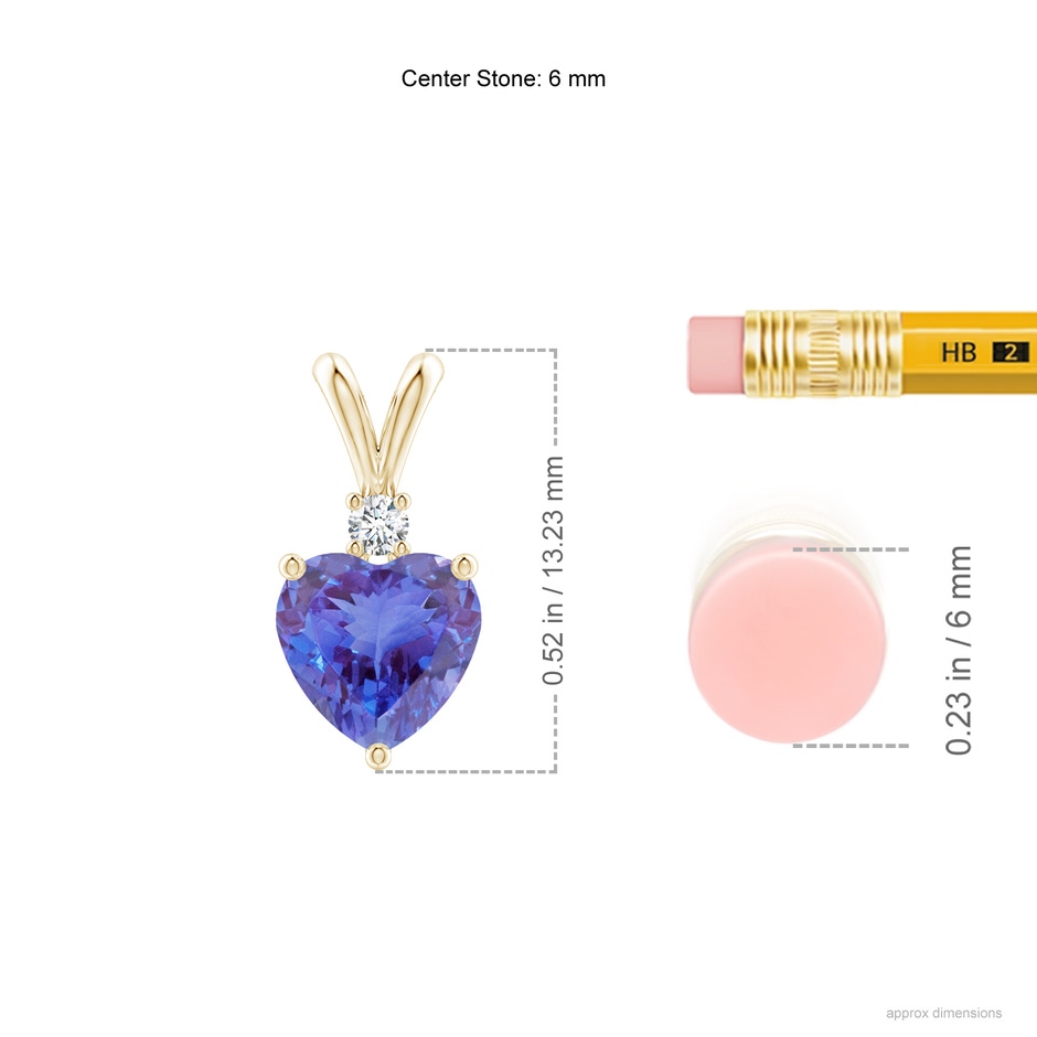 6mm AA Heart-Shaped Tanzanite V-Bale Pendant with Diamond in Yellow Gold ruler