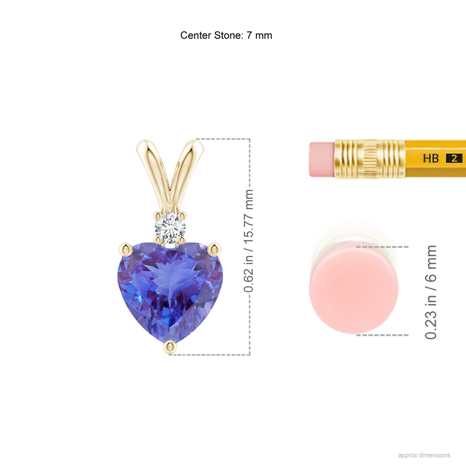 7mm AA Heart-Shaped Tanzanite V-Bale Pendant with Diamond in Yellow Gold ruler