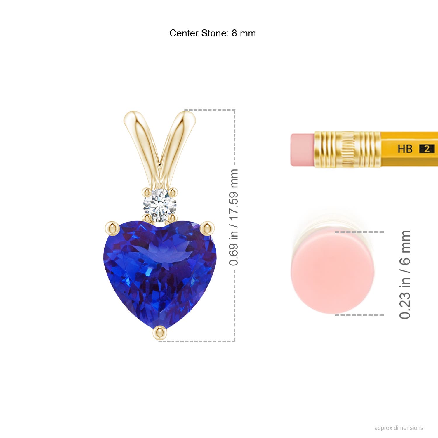 8mm AAAA Heart-Shaped Tanzanite V-Bale Pendant with Diamond in Yellow Gold - ruler