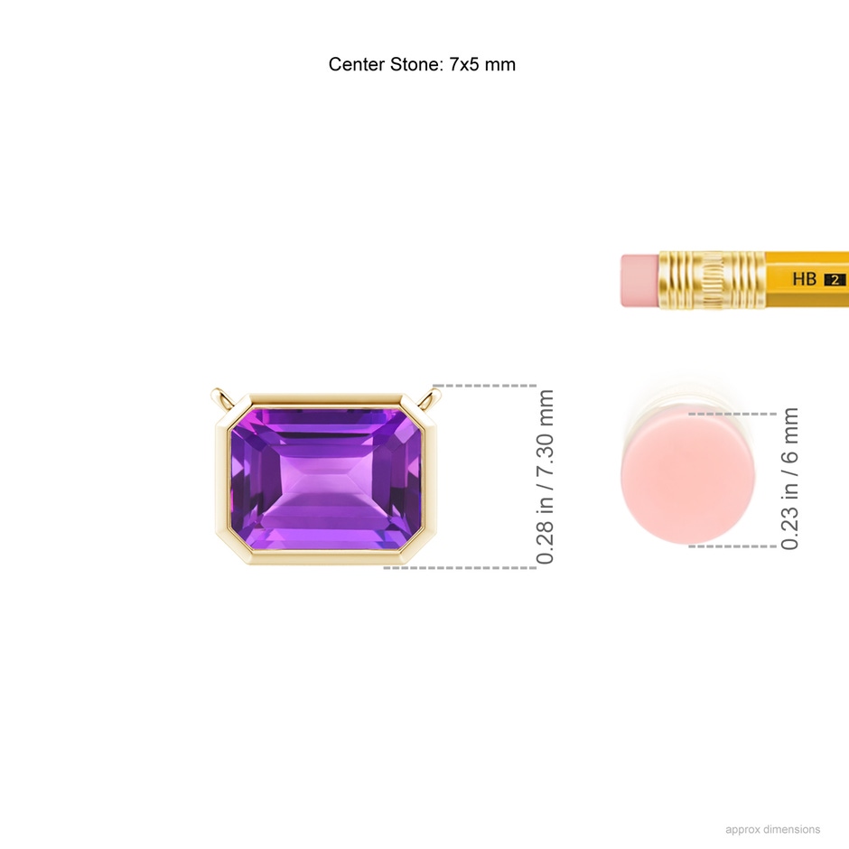 7x5mm AAA East-West Bezel-Set Emerald-Cut Amethyst Pendant in Yellow Gold ruler