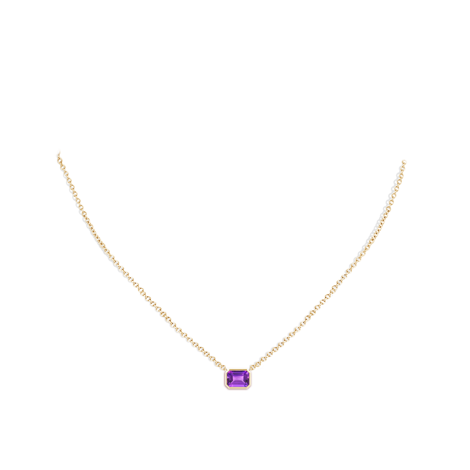 7x5mm AAA East-West Bezel-Set Emerald-Cut Amethyst Pendant in Yellow Gold body-neck