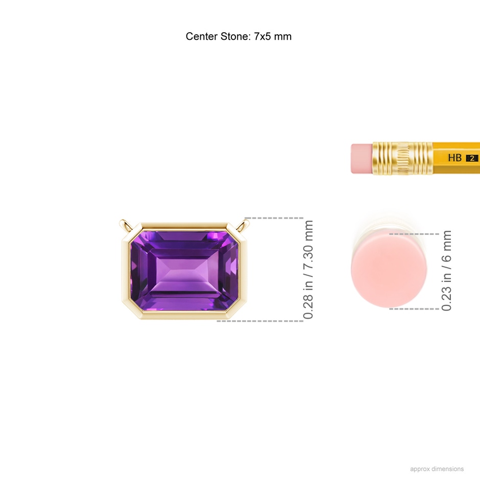 7x5mm AAAA East-West Bezel-Set Emerald-Cut Amethyst Pendant in Yellow Gold ruler