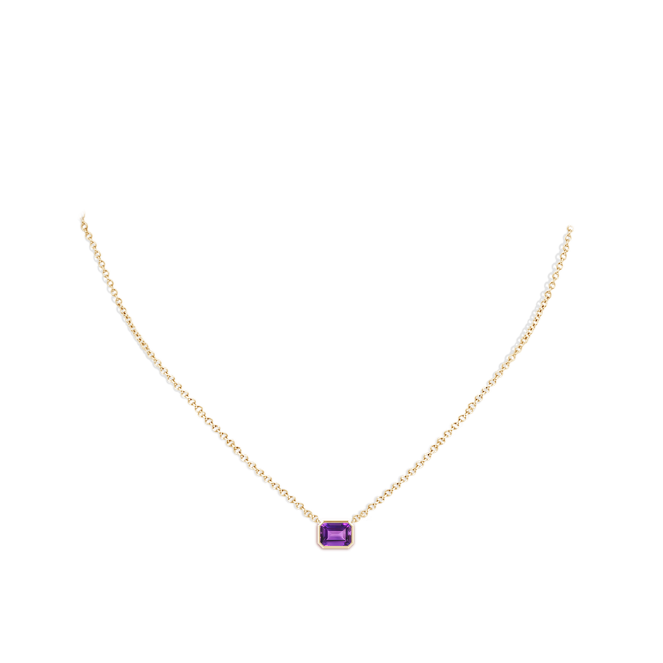 7x5mm AAAA East-West Bezel-Set Emerald-Cut Amethyst Pendant in Yellow Gold body-neck