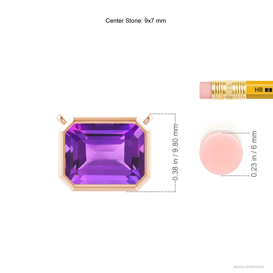 9x7mm AAA East-West Bezel-Set Emerald-Cut Amethyst Pendant in Rose Gold ruler
