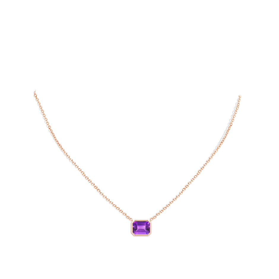9x7mm AAA East-West Bezel-Set Emerald-Cut Amethyst Pendant in Rose Gold body-neck