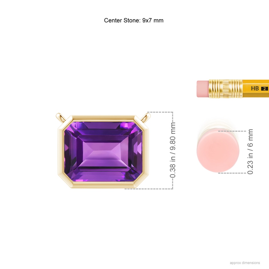 9x7mm AAAA East-West Bezel-Set Emerald-Cut Amethyst Pendant in Yellow Gold ruler