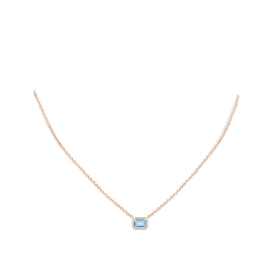 7x5mm AA East-West Bezel-Set Emerald-Cut Aquamarine Pendant in Rose Gold body-neck