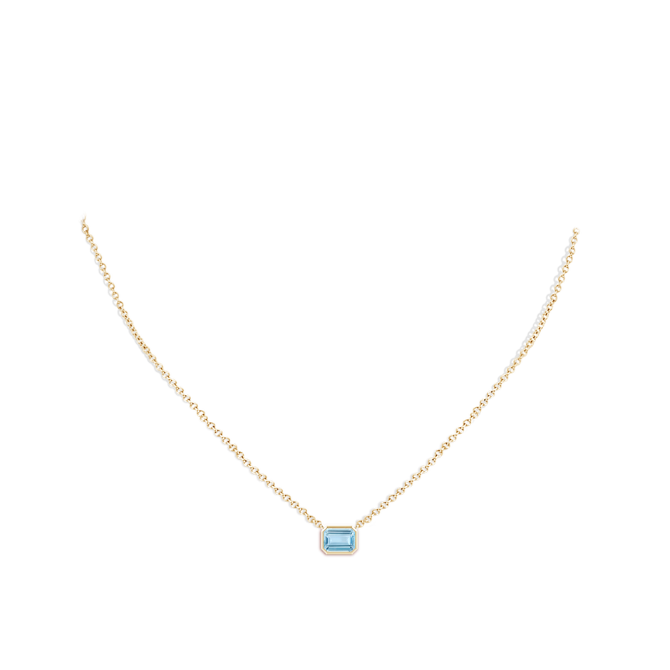 7x5mm AAA East-West Bezel-Set Emerald-Cut Aquamarine Pendant in Yellow Gold body-neck