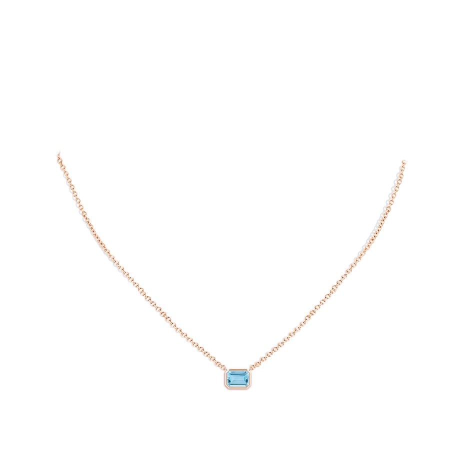 7x5mm AAAA East-West Bezel-Set Emerald-Cut Aquamarine Pendant in Rose Gold body-neck