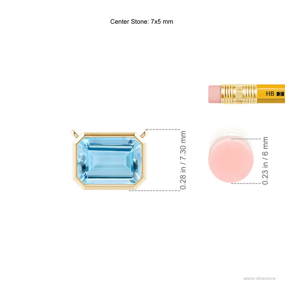 7x5mm AAAA East-West Bezel-Set Emerald-Cut Aquamarine Pendant in Yellow Gold ruler