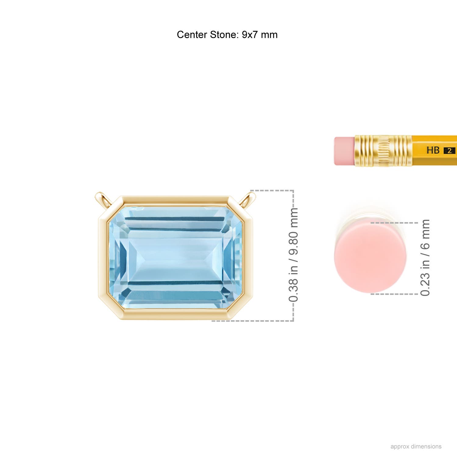 9x7mm AAA East-West Bezel-Set Emerald-Cut Aquamarine Pendant in Yellow Gold - ruler