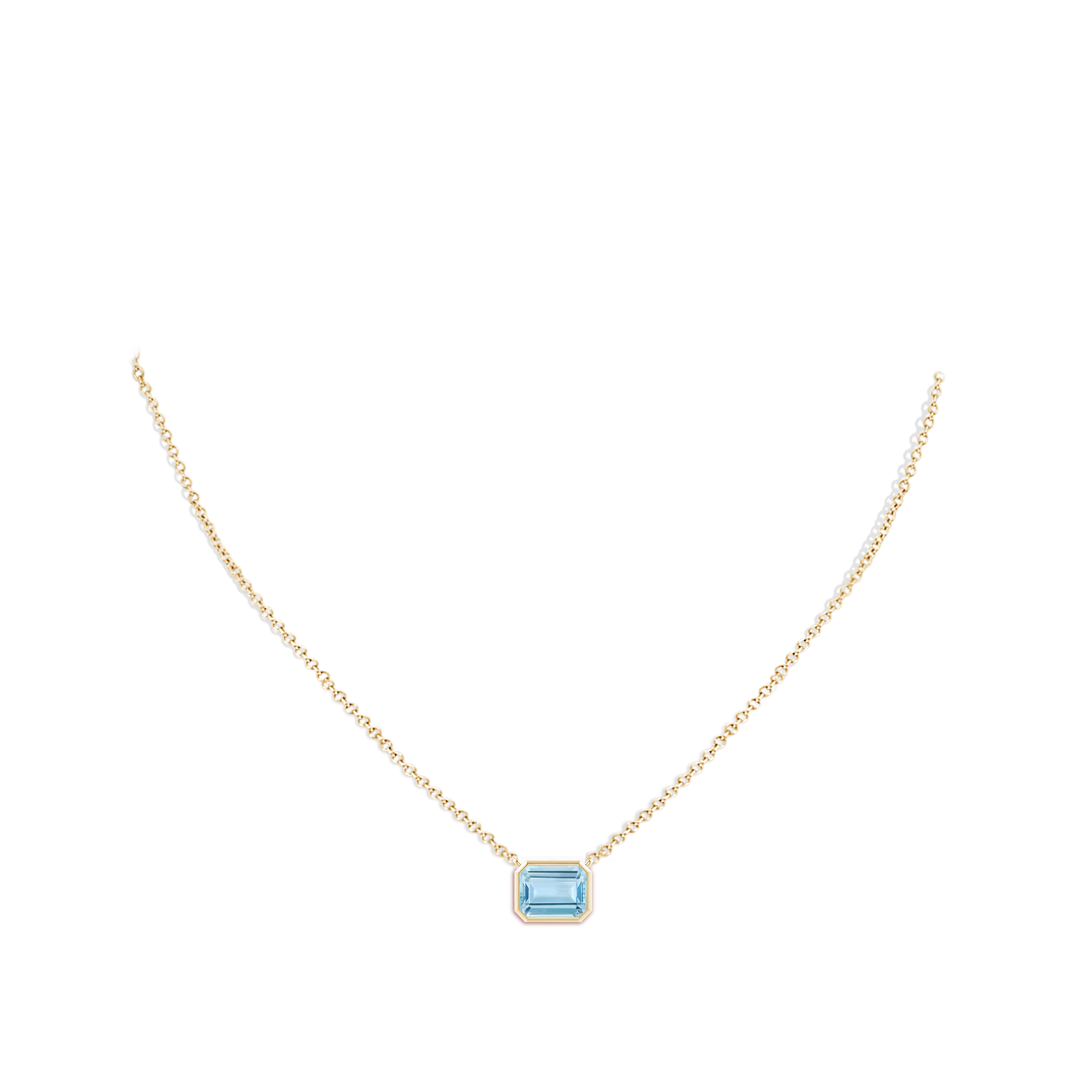 9x7mm AAA East-West Bezel-Set Emerald-Cut Aquamarine Pendant in Yellow Gold - body_neck