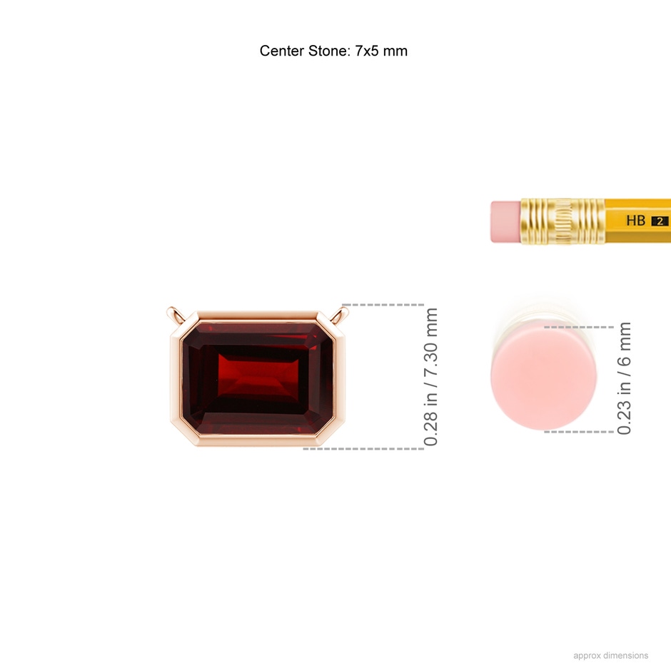 7x5mm AA East-West Bezel-Set Emerald-Cut Garnet Pendant in Rose Gold ruler