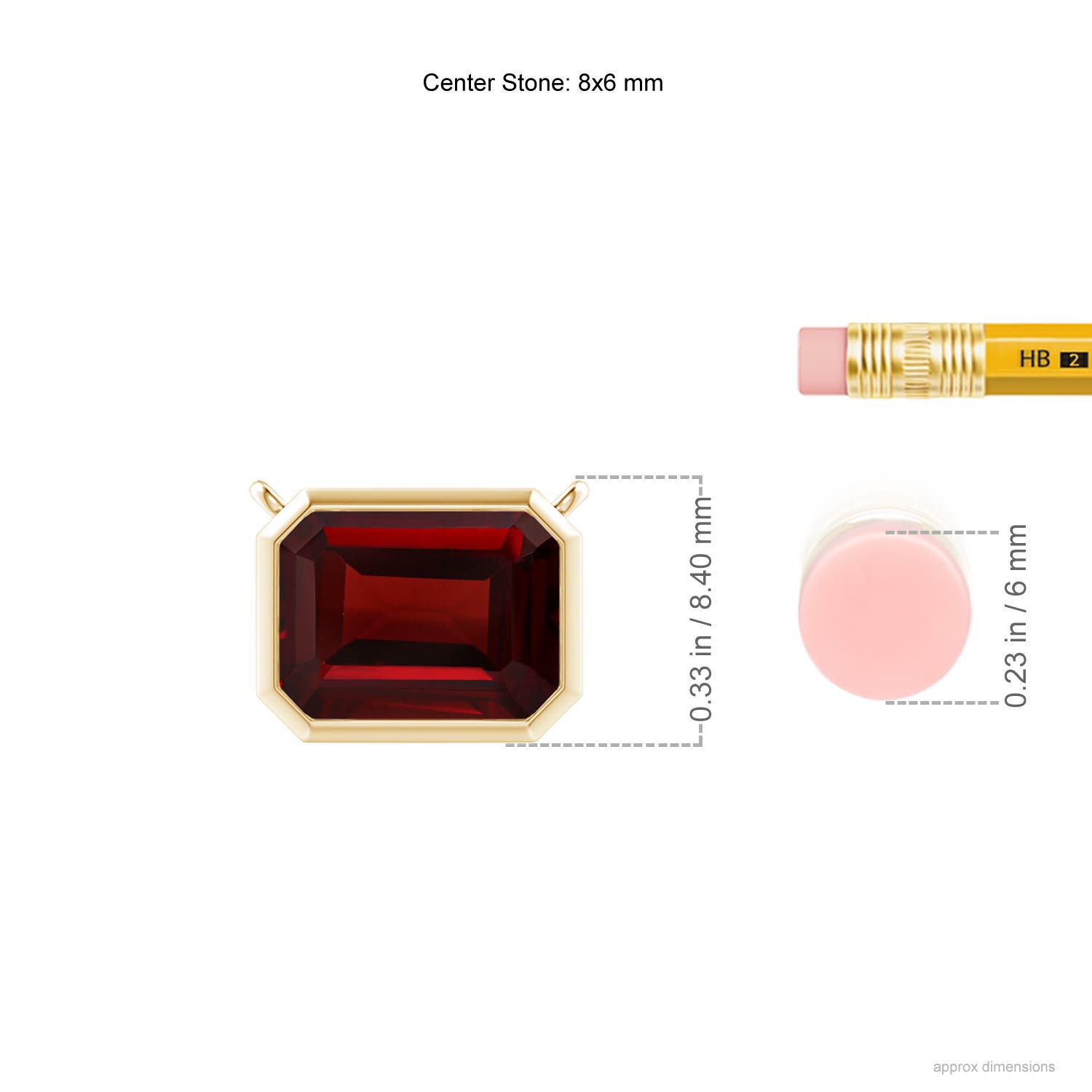 8x6mm AAA East-West Bezel-Set Emerald-Cut Garnet Pendant in Yellow Gold - ruler