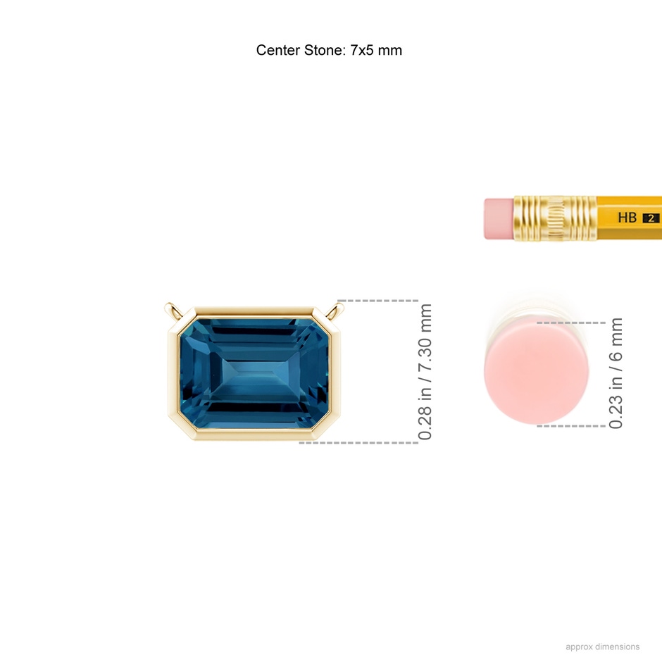 7x5mm AAA East-West Bezel-Set Emerald-Cut London Blue Topaz Pendant in Yellow Gold ruler