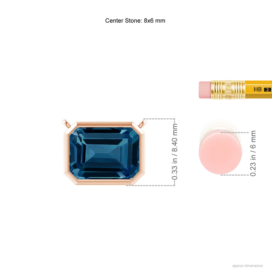 8x6mm AAAA East-West Bezel-Set Emerald-Cut London Blue Topaz Pendant in Rose Gold ruler